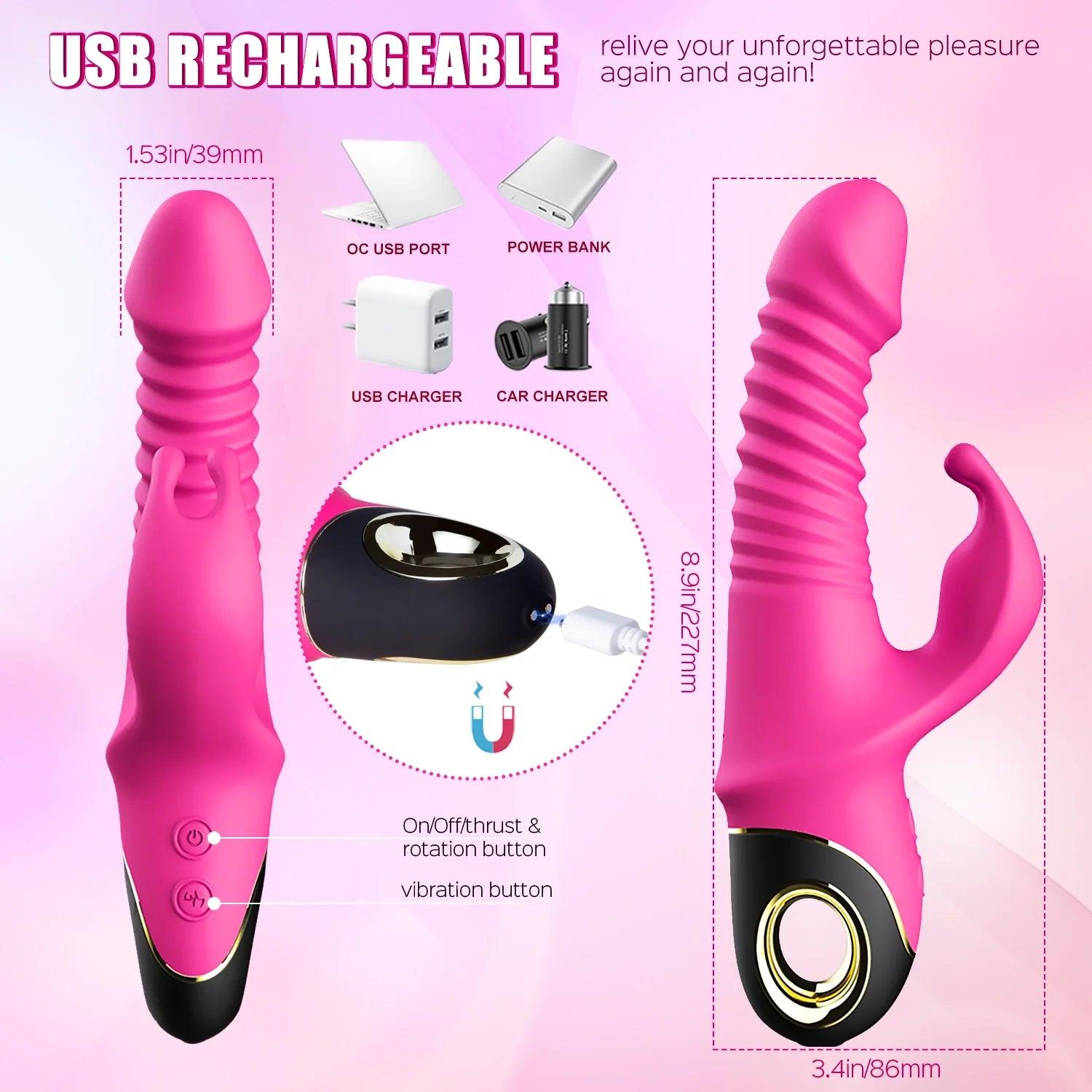 3-in-1 Multi-function Ergonomic Rabbit Vibrator - Thrusting, Rotating, Clit Vibrating Modes - Bestgspot