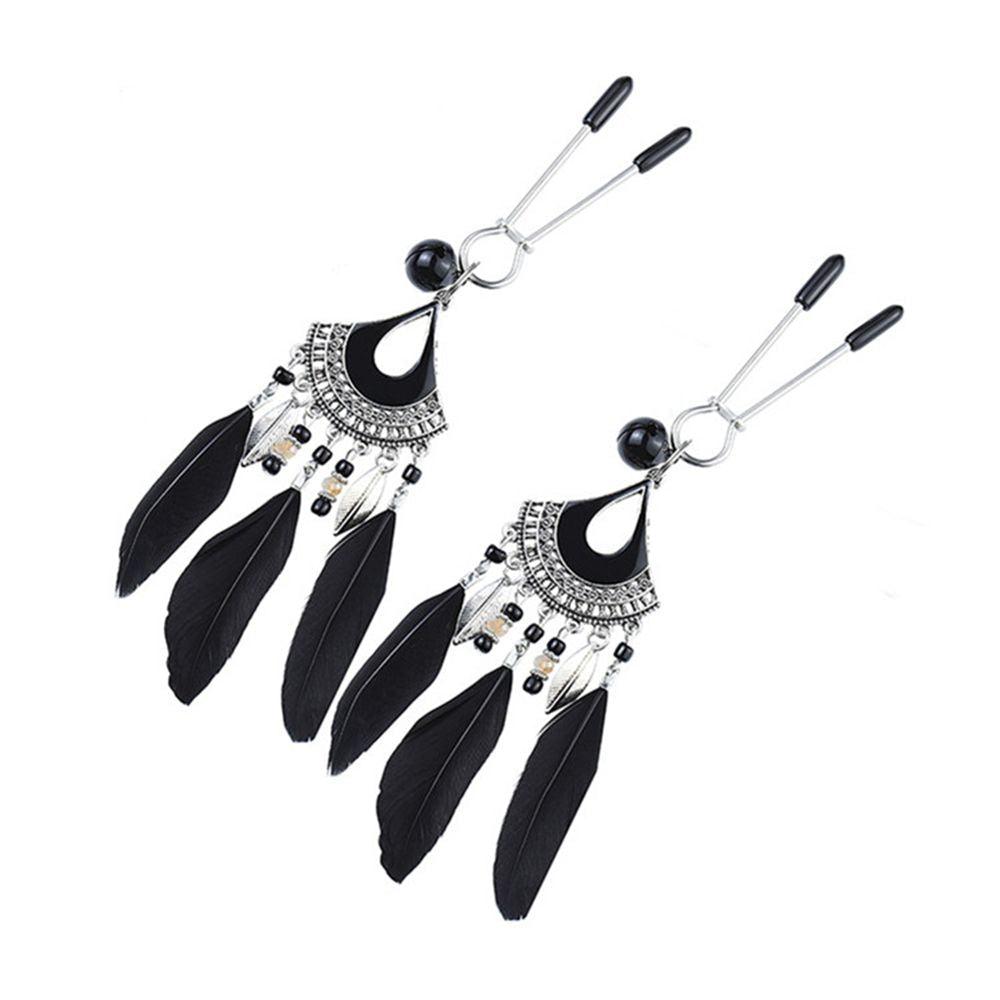 Boho Style Black Feather Tweezer Nipple Clamps - Sexdoll.Sex