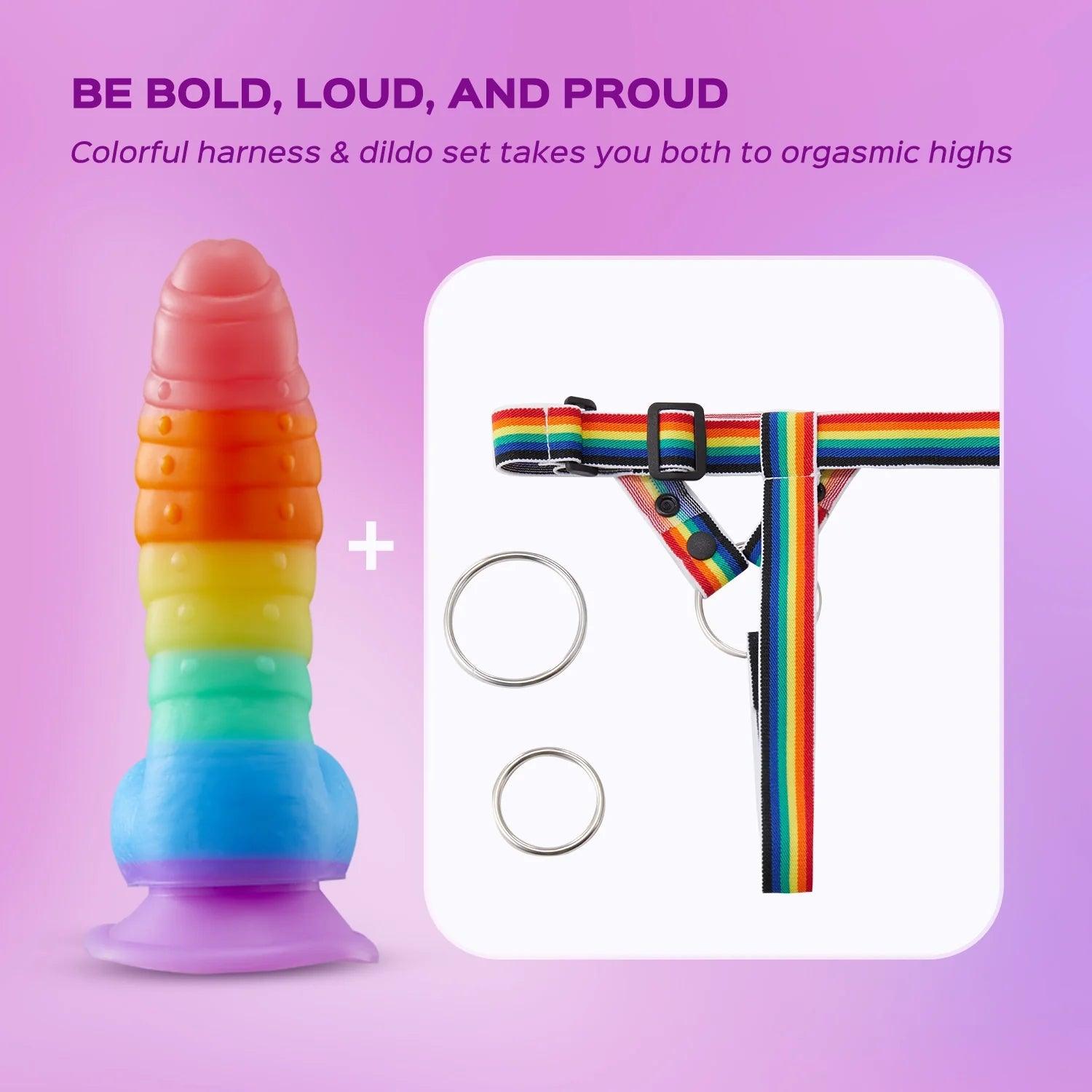 Rainbow Strap-On and Dildo Set - Adjustable Harness with Spiral Pastel Dildo - Bestgspot