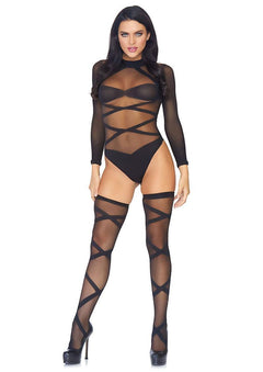 Sheer Criss Cross Teddy and Matching Thigh High Set - Sexdoll.Sex